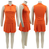 Sexy Solid Sleeveless Polo Shirt  and Pleated Skirt 2PCS Set