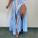 Sexy Hollow Out Blue Striped Deep-V Sleeveless Slit Long Dress