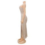 Slash Shoulder Sleeveless Sequin Slit Maxi Dress