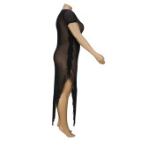 Plus Size Black Irregular Short Sleeve Mesh See Through Fringe Long Dress