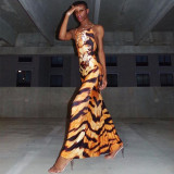 Trendy Tiger Skin Print Back Lace-Up Mermaid Maxi Dress