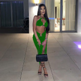 Metal-Ring Cami Halter Bra and Slit Skirt 2PCS Set