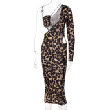 Leopard Print One Shoulder Hollow Out Slim Dress