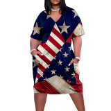 Short Sleeve V-Neck Flag Print Loose Dress with Pocket