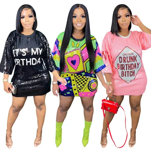 Overall Sequin Print O-Neck Half Sleeve Loose Dress