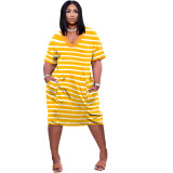 Striped Print V-Neck Short Sleeve Dress with Pockets