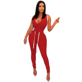 Sexy Lace-Up V-Neck Zipper Hooded Tight Jumpsuit