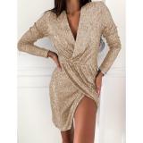 Sparkling Long Sleeve Ruched V Neck Mini Party Dress