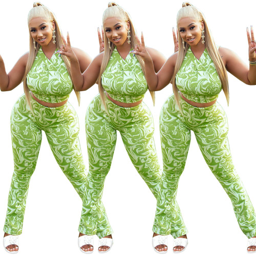 Print Green Cropped Tank Top and Pants Two Piece Set