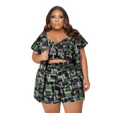 Plus Size Print Sleeveless Crop Top and Shorts  with Coat 3PCS Set
