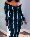 Print Off Shoulder Full Sleeve Maxi Dress