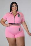 Plus Size Women Casual Sports Letter Print Zipper Shorts Tracksuit