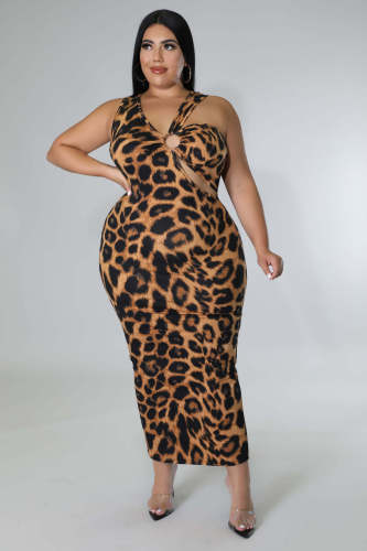Plus Size Leopard Asymmetric Cut Out Maxi Dress