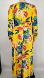 Plus Size Floral Print Long Sleeve V-Neck Slit Maxi Dress with Belt