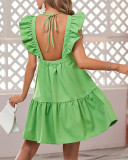 Green Ruffled Deep-V Open Back A-Line Casual Dress