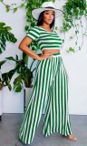 Casual Striped Short Sleeve Crop Top Wide Leg Two Piece Pants Set