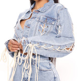 Trendy Long Sleeve Lace-Up Blue Short Denim Jacket