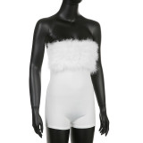 White Strapless Fur Patchwork Rompers