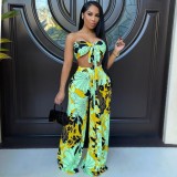 Print Strapless Crop Top and Wide Leg Pants 2PCS Set