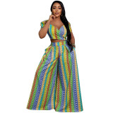 Colorful All Over Print Casual Short Sleeve Wide Leg Two Piece Pants Set