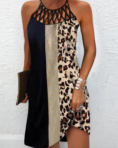 Leopard Colorblock Sexy Hollow Out Halter Mini Dress