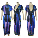 Print Deep-V Short Sleeve Slit Maxi Dress With Belt