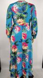 Plus Size Floral Print Long Sleeve V-Neck Slit Maxi Dress with Belt