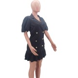 Solid Tailored Collar Puff Sleeves Double Breasted Fishtail Dress