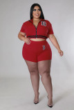 Plus Size Women Casual Sports Letter Print Zipper Shorts Tracksuit