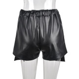 Black Pocket Pu Leather Elastic Waist Shorts
