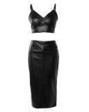 Sexy Black Pu Leather Cami Crop Top and Slit Midi Skirt Two Piece Set