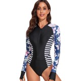 Striped and Floral Print Contrast Long Sleeve Sports One Piece Swimsuit