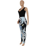 Sexy Solid Tank Top and Print Pants Two-piece Set