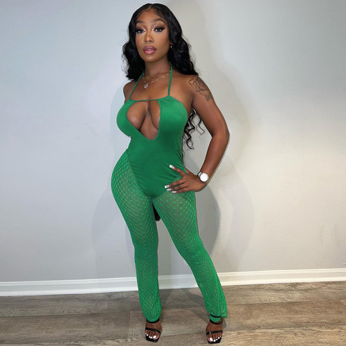 Green Mesh Patchwork Sexy Hollow Out Low Back Flare Jumpsuit