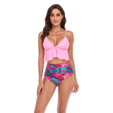 Sexy Solid Ruffle Bikini Top and Print High Waisted Two Piece Swimwear