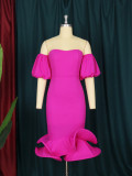 Hot Pink Puff Sleeve Off Shoulder Midi Dress
