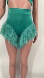 Pure Color Sexy Feather Irregular Top + Shorts 2PCS Set