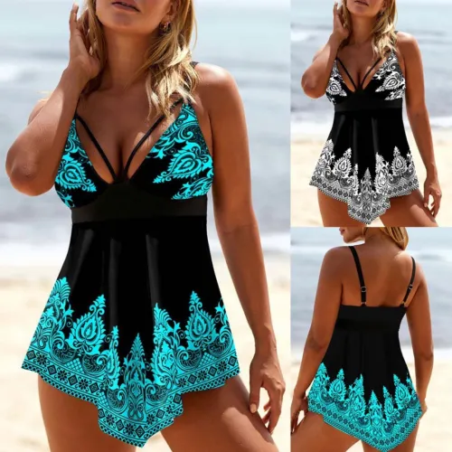 Plus Size Vintage Print Cutout Two-Piece Dress Swimwear