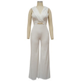 Pure Color V-Neck Sleeveless Wide Leg Jumpsuit With Belt