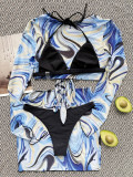 Sexy Mesh Four-Piece Swimwear Black Bikini Set + Print Top + Skirt