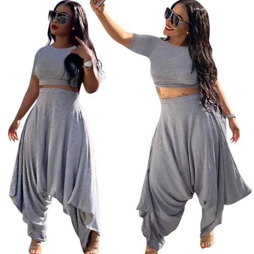 Grey Cotton Short Sleeve Crop Top and Loose Pants 2PCS Set