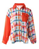 Check Print Contrast Orange Long Sleeve Shirt