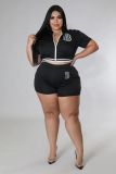 Plus Size Women Casual Sports Letter Print Zipper Shorts Tracksuit