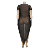 Plus Size Black Irregular Short Sleeve Mesh See Through Fringe Long Dress