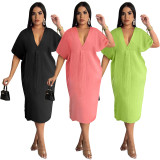 Solid Casual Crinkle V-Neck Oversized Casual Dress