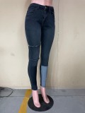 High Waist Patchwork Jeans with Pocket