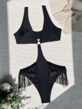 Black Tassel Sexy Cut Out One Piece Swimsuit