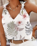 Print Knot Detail Sleeveless V-Neck Casual Top
