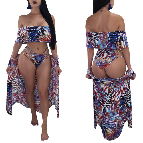 Floral Print Blue Bikini Swimwear 4 PCS Set