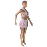 Striped Print Cami Halter Bikini and Slit Mini Skirt 3PCS Swimsuit